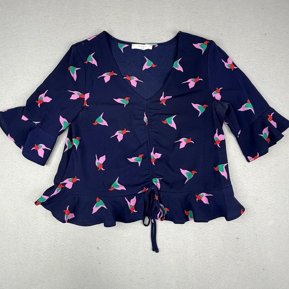 Elodie Tops - Elodie Bird Print Peplum Blouse Womens XS Navy Ruched Ruffle Cottagecore